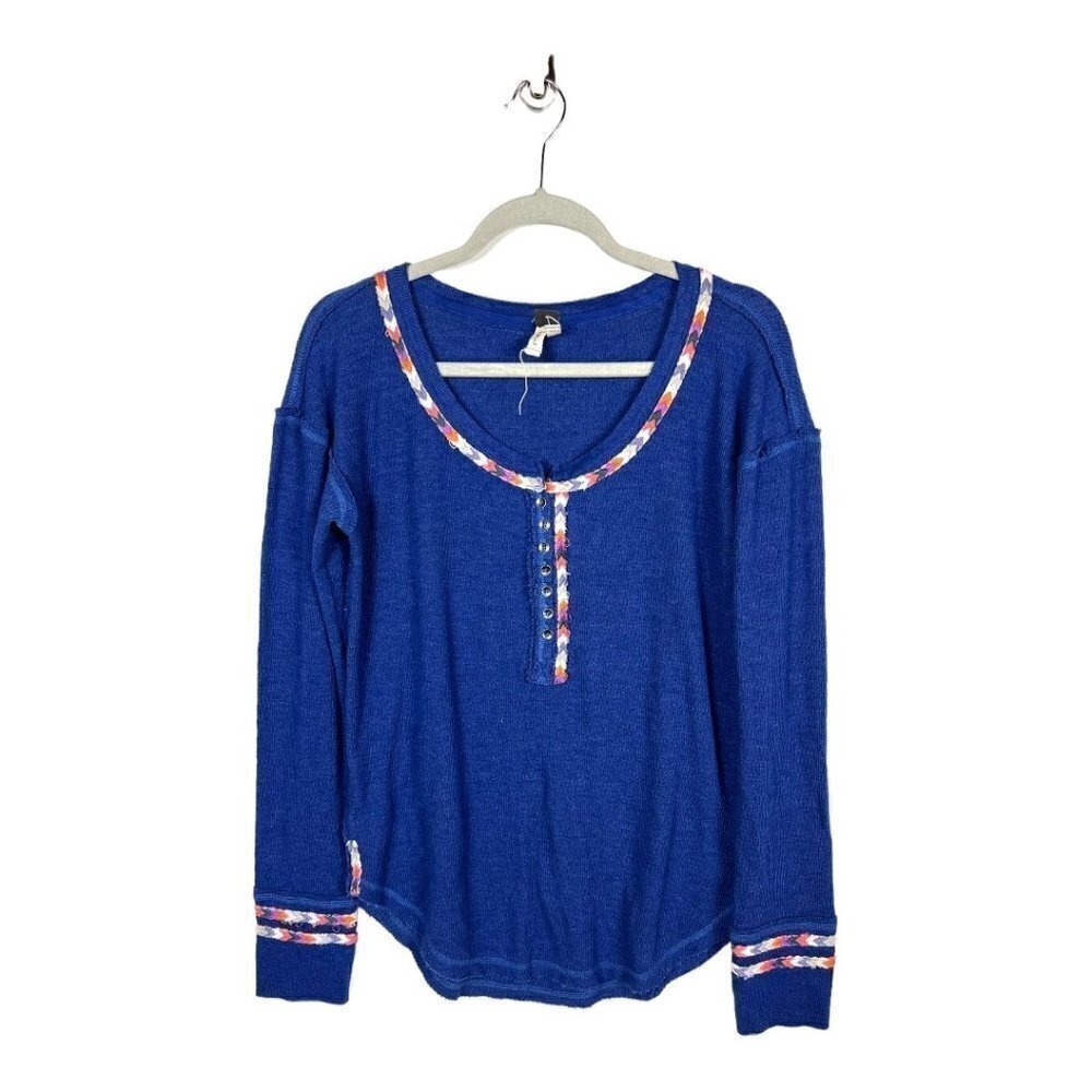 We The Free Blue Thermal Henley Long Sleeve Shirt Top Size L